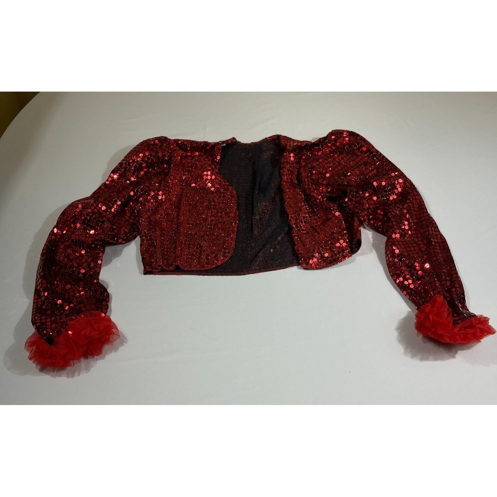 Red Sequin Bolero Jacket Cropped Shrug Ruffle Cuff Sparkly Dance Party Top M